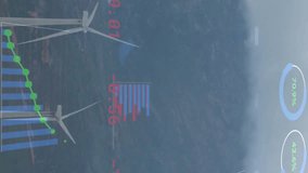 Wind turbines and financial data animation over mountainous landscape. Sustainability, renewable, wind energy, investment, analytics, environment - Powered by Shutterstock - Get 15% off with code: PIKWIZARD15