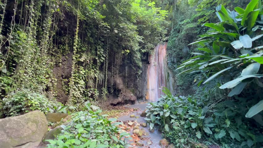 A waterfall in the lush tropical forest of Saint Lucia in the Caribbean Islands