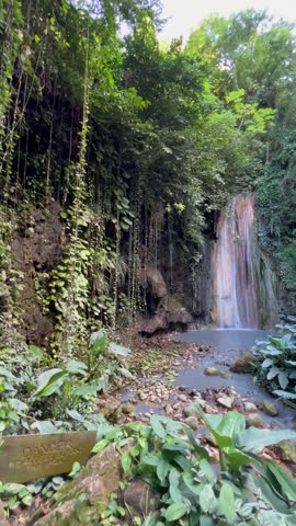 A waterfall in the lush tropical rainforest of Saint Lucia in the Caribbean Islands