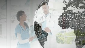 nurse and doctor examining xray as transparent globe appearing rotating data text for health. Healthcare, telemedicine, digital health, medical technology, diagnosis, collaboration, innovation - Powered by Shutterstock - Get 15% off with code: PIKWIZARD15