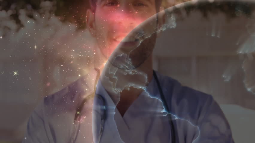 Doctor wearing stethoscope before clinic while cosmic glow emerging and globe expanding for health. Medical, healthcare, cosmos, innovation, science, global, professional