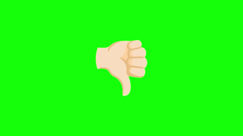Animated thumbs down emoji with light skin tone on a bright green screen background. The cartoon-style hand gestures thumbs down with a subtle bounce or pulse. Light beige skin tone, clean outlines.