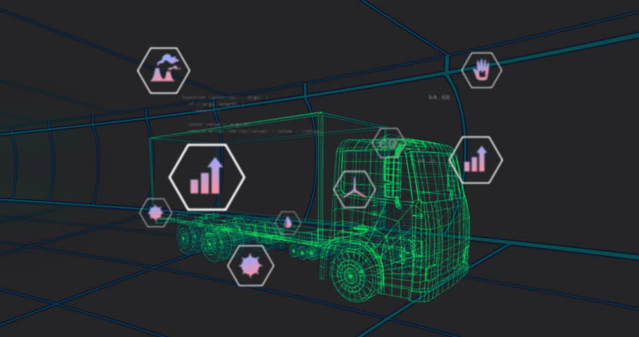 Startup wireframe semi-truck appearing in grid, hex icons shifting and projecting telematics data. Transportation, logistics, sustainability, technology, innovation, analytics, engineering