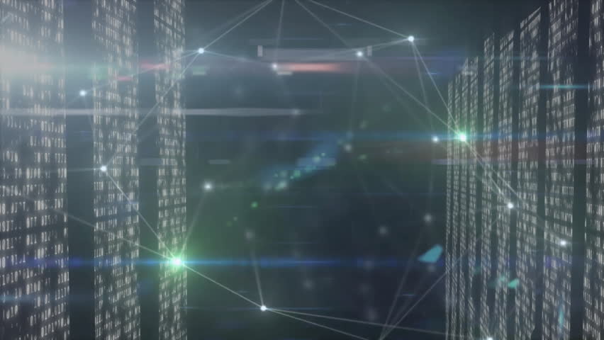 Pillars forming corridor while network nodes glowing, pulsing and reconfiguring mesh patterns. Technology, cybersecurity, data, innovation, digital, futuristic, network