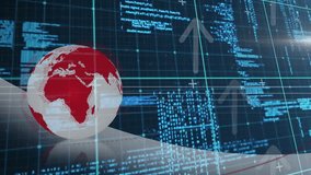 Opening with rotating 3D globe showing red continents, streaming code lines visualizing data flow. Geography, technology, data, digital, innovation, motion, futuristic - Powered by Shutterstock - Get 15% off with code: PIKWIZARD15