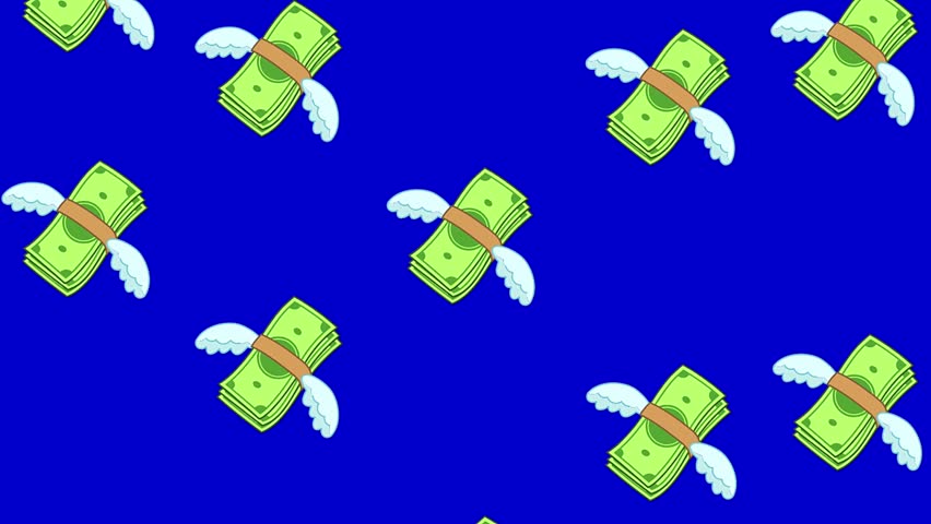 Money Notes flying up with wings on blue screen background.