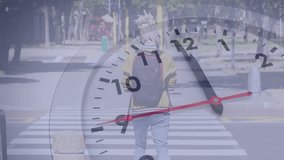 Man pausing on crosswalk while walk signal allowing crossing, clock technology overlay rotating. Urban, motion, timing, transit, lifestyle, minimalistic, metropolitan - Powered by Shutterstock - Get 15% off with code: PIKWIZARD15