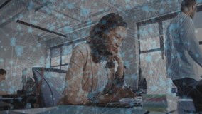 Ringing phone initiating client call while businesswoman typing notes under network-node overlay. Office, professionalism, communication, modern, productivity, teamwork, corporate - Powered by Shutterstock - Get 15% off with code: PIKWIZARD15