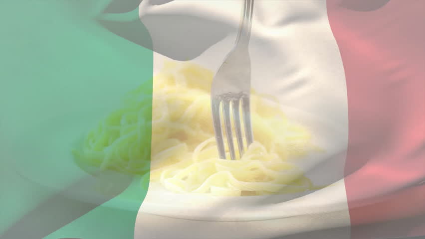 Fork entering and twirling pasta strands and lifting for display over waving Italian flag overlay. Culinary, cuisine, gourmet, food presentation, minimalist, delicious, hospitality
