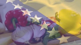 Bosnia Herzegovina flag sweeping over vegetables and steel pot while oil swirling for cooking prep. Kitchenware, culinary, rustic, fresh ingredients, food preparation, cooking process, patriotic - Powered by Shutterstock - Get 15% off with code: PIKWIZARD15