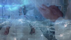 Senior physician adjusting mask activating graphics and swiping tablet analyzing medical cloud data. Healthcare, telemedicine, digital health, hospital, gis, medical technology, elderly care - Powered by Shutterstock - Get 15% off with code: PIKWIZARD15