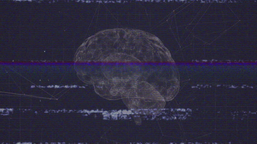 On start 3D brain model materializing, rotating while glitch bands sweeping, revealing network. Neuroscience, technology, digital, innovation, abstract, cyberspace, visualization