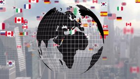 Grid-outlined globe fading in over hazy skyline flags orbiting, rotating showing global connections. Geography, international, digital, network, connectivity, technology, modern - Powered by Shutterstock - Get 15% off with code: PIKWIZARD15