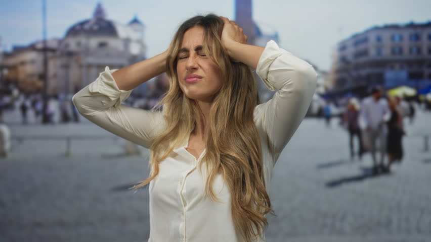 Young blonde woman in white blouse holds head with both hands in roman piazza; stress headache frustration anxiety.
