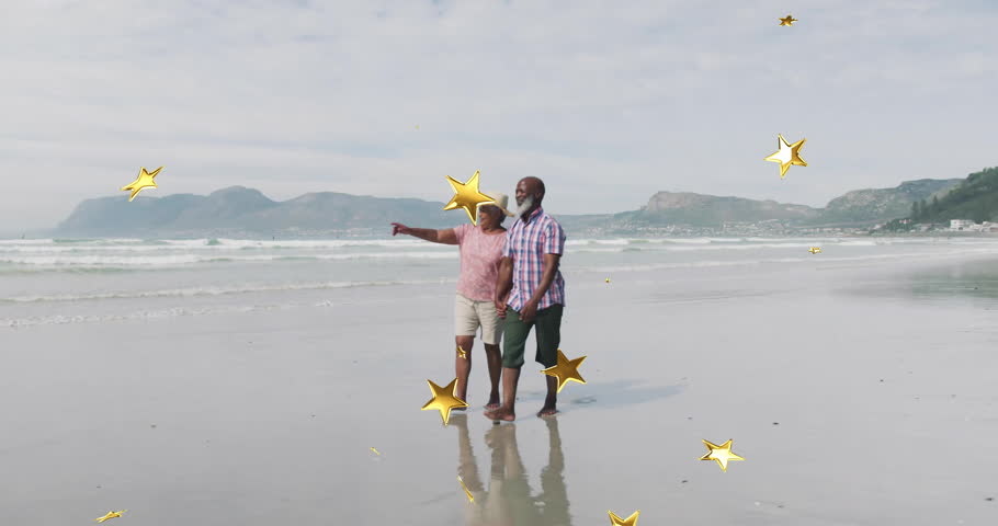 Couple arriving at shoreline woman pointing toward ridge inspiring slow barefoot walk for travel ad. Coast, voyage, adventure, tranquility, reflection, nature, exploration