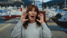 Hispanic senior woman with gray sweater making expressive faces outdoors at a seaside port with boats behind her, showcasing emotion and personality. - Powered by Shutterstock - Get 15% off with code: PIKWIZARD15