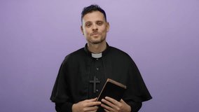 Hispanic man priest pointing at a bible, wearing black clerical attire, smiling confidently against an isolated purple background. - Powered by Shutterstock - Get 15% off with code: PIKWIZARD15