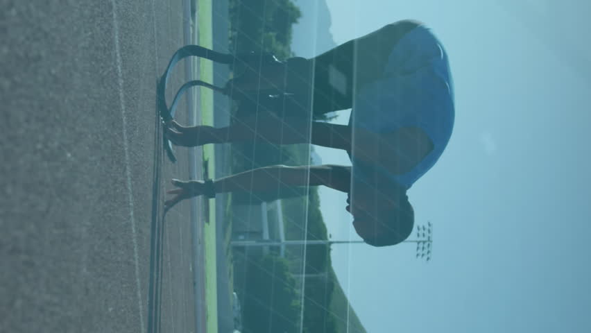 Animation of data processing over disabled african american male runner. Global sport and digital interface concept digitally generated video.