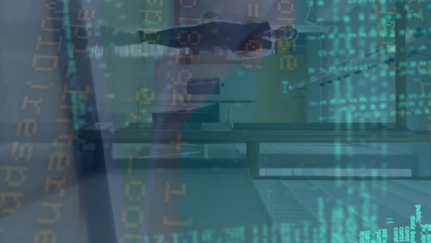 Animation of data processing over caucasian businessman walking. Global business and digital interface concept digitally generated video.