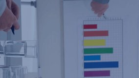 Animation of globe, graphs and data processing over male and female colleagues in office meeting. Global communication, business, digital interface and data concept digitally generated video. - Powered by Shutterstock - Get 15% off with code: PIKWIZARD15