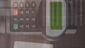 Animation of data processing over payment terminal, credit card and smartphone. Global business and digital interface concept digitally generated video. - Powered by Shutterstock - Get 15% off with code: PIKWIZARD15