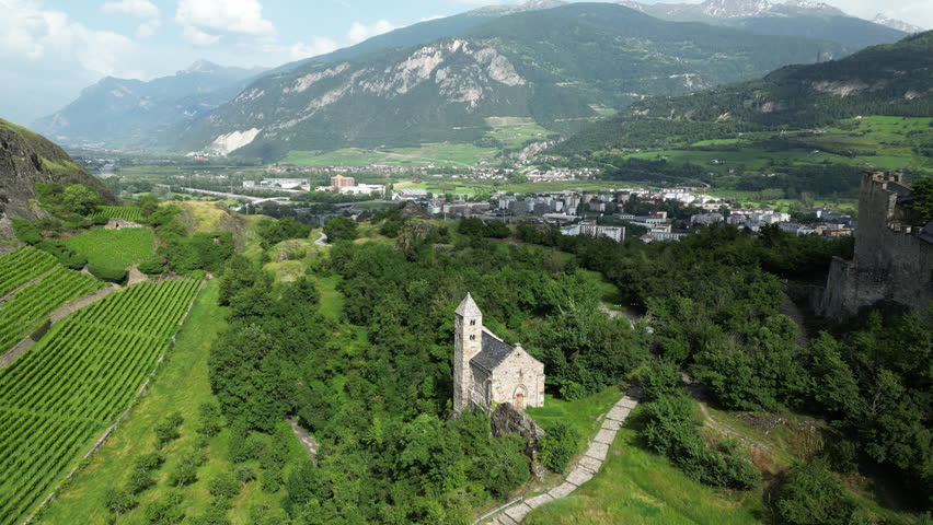 Aerial View of Valère Basilica and Vineyards in Sion, Switzerland