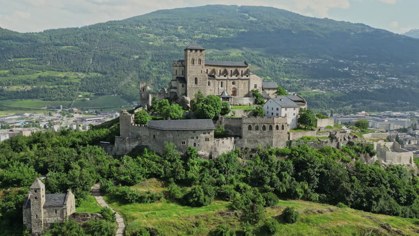Valère Castle in Sion, Switzerland – Aerial View of Historic Hilltop Landmark