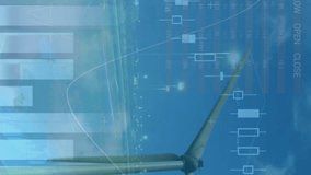 Animation of graphs and financial data over wind turbine. finance, economy, renewable resources and energy concept digitally generated video. - Powered by Shutterstock - Get 15% off with code: PIKWIZARD15