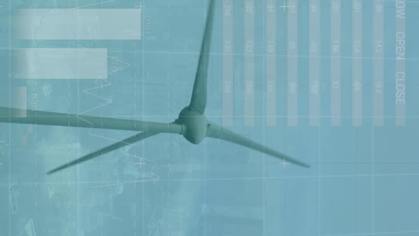 Animation of infographic interface against windmill spinning against clear sky. Digital composite, multiple exposure, report, business, global, sustainable energy, power generation and technology. - Powered by Shutterstock - Get 15% off with code: PIKWIZARD15