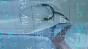 Animation of financial data processing and male doctor in face mask holding vaccine. Covid 19 pandemic, medicine, healthcare, finance, computing and data processing concept digitally generated video. - Powered by Shutterstock - Get 15% off with code: PIKWIZARD15