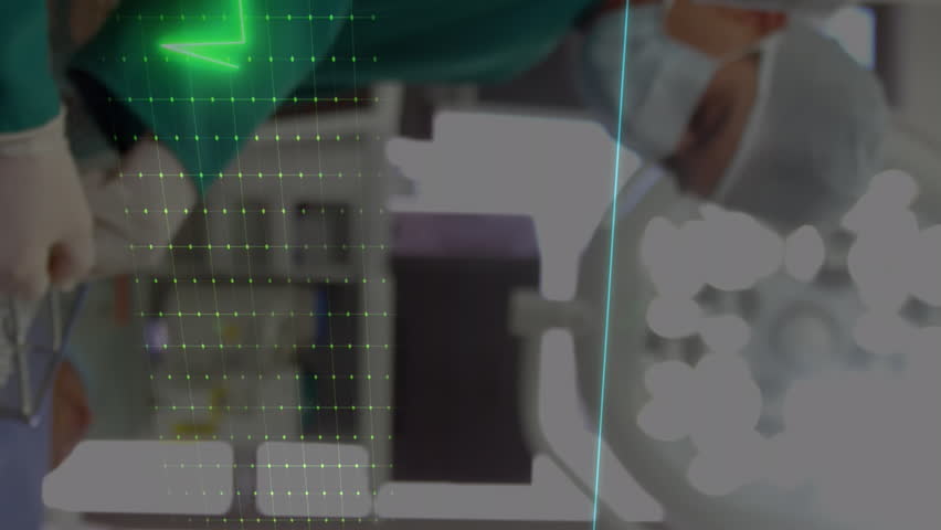 Animation of medical data processing over team of diverse surgeons performing operation at hospital. Medical healthcare and research science technology concept - Powered by Shutterstock - Get 15% off with code: PIKWIZARD15