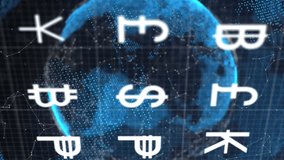 Animation of currency symbols and data processing over spinning globe and network of connections. Global economy and business technology concept - Powered by Shutterstock - Get 15% off with code: PIKWIZARD15