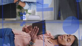 Animation of graphs with changing numbers, diverse coworkers discussing report on digital tablet. Digital composite, multiple exposure, report, business, growth, teamwork and technology concept. - Powered by Shutterstock - Get 15% off with code: PIKWIZARD15