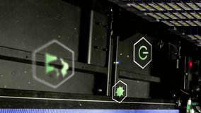 Animation of ecology icons over server room. Global technology, ecology, computing and digital interface concept digitally generated video. - Powered by Shutterstock - Get 15% off with code: PIKWIZARD15