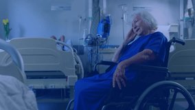 Elderly female patient lifting hand to face in ward while global digital network overlays fading in. Healthcare, telemedicine, digital transformation, elderly care, visualization, hospital, - Powered by Shutterstock - Get 15% off with code: PIKWIZARD15