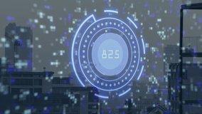 On materializing HUD pulsing rings changing value and cascading bits showing data over skyline. Futuristic, urban, technology, data visualization, sleek, digital, innovation - Powered by Shutterstock - Get 15% off with code: PIKWIZARD15