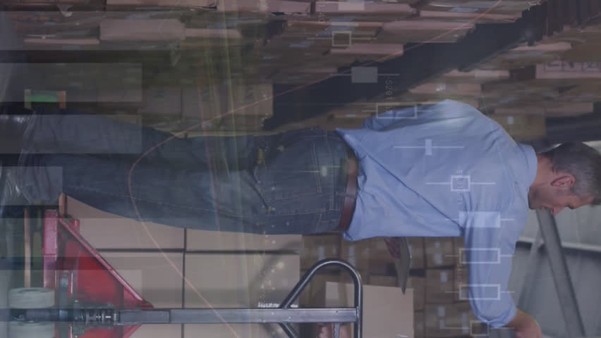 Animation of data processing over team of diverse supervisor and workers working at the warehouse. Logistics business and technology concept - Powered by Shutterstock - Get 15% off with code: PIKWIZARD15