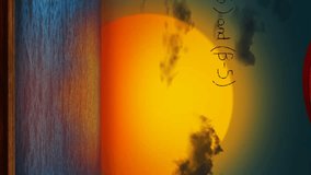 Animation of mathematical equations over red curtain and sky with clouds and sun. Global education, technology and digital interface concept digitally generated video. - Powered by Shutterstock - Get 15% off with code: PIKWIZARD15