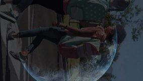 Animation of globe, financial data and graphs over diverse girls crossing street. Global business, city life, finance and economy concept digitally generated video. - Powered by Shutterstock - Get 15% off with code: PIKWIZARD15