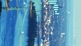 Animation of multiple graphs, numbers over boat on sea and cityscape against mountains. Digital composite, multiple exposure, report, business, transportation, scenic and technology concept. - Powered by Shutterstock - Get 15% off with code: PIKWIZARD15