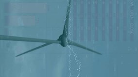 Animation of statistical data processing over spinning windmill against blue sky. Renewable energy and business data technology concept - Powered by Shutterstock - Get 15% off with code: PIKWIZARD15