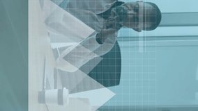 Animation of data processing over thoughtful african american man reading a document at office. Computer interface and business data technology concept - Powered by Shutterstock - Get 15% off with code: PIKWIZARD15