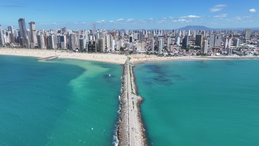Beach Scenery At Fortaleza In Ceara Brazil. Beach Skyline. Downtown District. Modern Highrise Buildings. Beach Scenery At Fortaleza In Ceara Brazil. Stunning Landscape. Brazil Northeast.