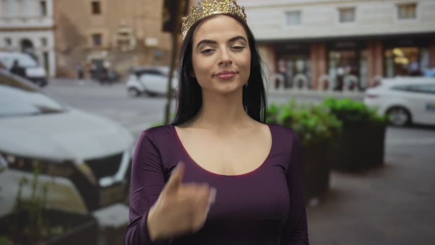 Hispanic woman wearing a crown stands confidently in a purple dress on a bustling outdoor street, pointing to her eye with a smile.
