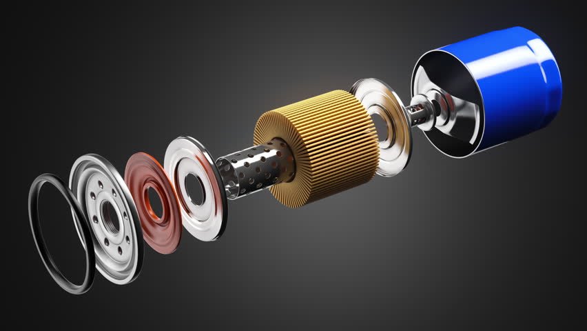 Car oil filter structure isolated on black background. 3d animation. 3D Illustration