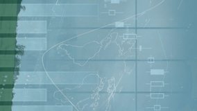 Animation of graphs moving with world map against wind turbines on field. Digital composite, multiple exposure, technology, power generation, sustainable energy, development, finance, economy. - Powered by Shutterstock - Get 15% off with code: PIKWIZARD15