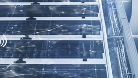 Animation of wifi icon and dots interconnected with lines forming geometric shape over server room. Lens flare, digital composite, multiple exposure, network security, data center and technology. - Powered by Shutterstock - Get 15% off with code: PIKWIZARD15