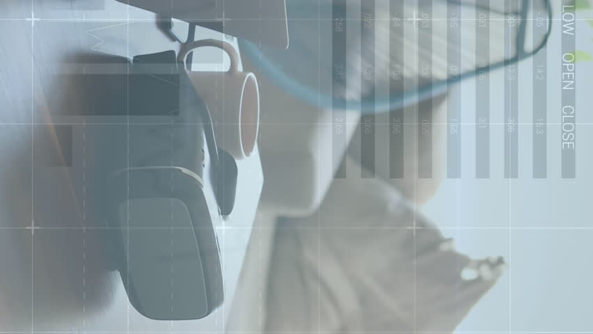 Animation of statistical data processing over mid section of a woman using laptop at home. Business data technology concept - Powered by Shutterstock - Get 15% off with code: PIKWIZARD15