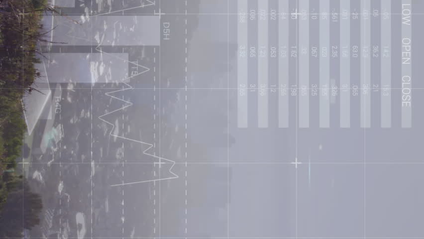 Animation of statistical data processing against aerial view of cityscape. Business data and analytics technology concept - Powered by Shutterstock - Get 15% off with code: PIKWIZARD15