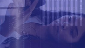 Animation of infographic interface over smiling woman typing message on cellphone in office. Digital composite, multiple exposure, report, business, global, progress and technology concept. - Powered by Shutterstock - Get 15% off with code: PIKWIZARD15